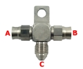 Téčko s výstupy 2x PTFE hadice D-03 (AN3) + 1x samec D-03 (AN3) 3/8x24-UNF - nerezové (s držákem)